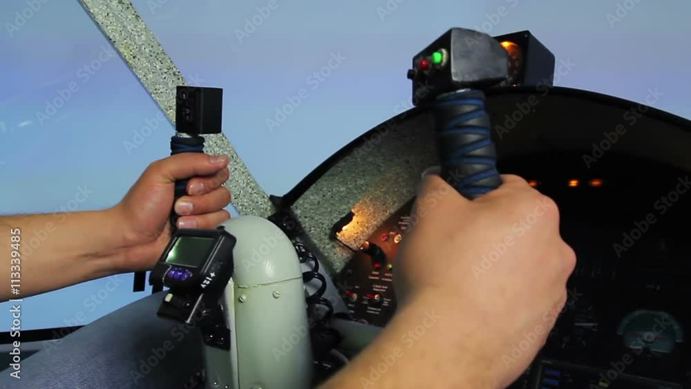 Hands of amateur pilot on steering wheel, man flying private aircraft, aviation Hands of amateur pilot on steering wheel, man flying private aircraft, aviation