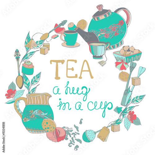 Tea time illustration with flowers