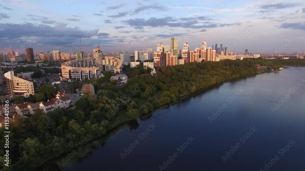 Moscow city rich residential aria apartment buildings. Flight over Moscow river. Beautiful aerial view. Moscow city rich residential aria apartment buildings. Flight over Moscow river. Beautiful aerial view.