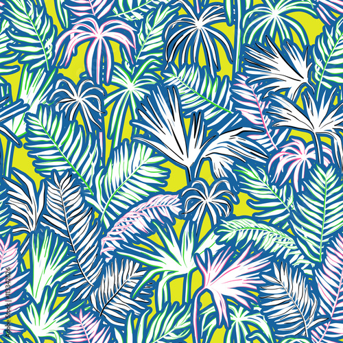 vector seamless graphical artistic topical foliage pattern, tropics, palm leaf, fern frond, cyperus, decorative colorful, summer time, original, fashionable background allover tropical print