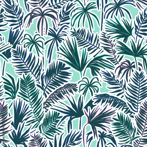 vector seamless graphical artistic topical foliage pattern, tropics, palm leaf, fern frond, cyperus, decorative colorful, summer time, original, fashionable background allover tropical print