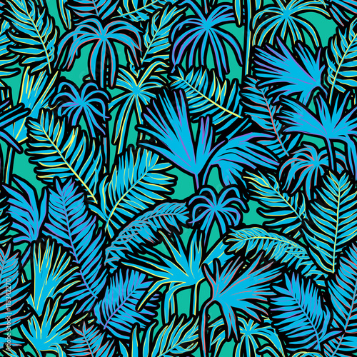 vector seamless graphical artistic topical foliage pattern, tropics, palm leaf, fern frond, cyperus, decorative colorful, summer time, original, fashionable background allover tropical print