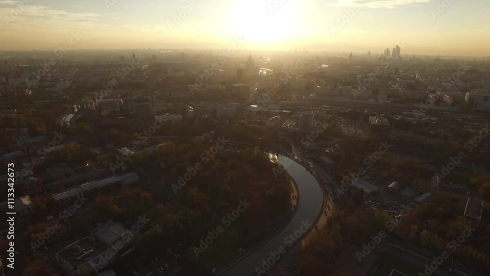 High altitude quadcopter flight over Moscow city center. Strong epic sunset view. Warm colors. Drone footage. High altitude quadcopter flight over Moscow city center. Strong epic sunset view. Warm colors. Drone footage.