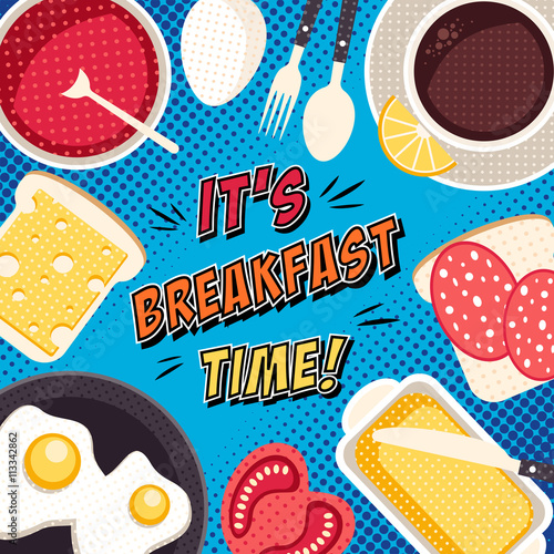 Comic breakfast pop art illustration with food and drinks