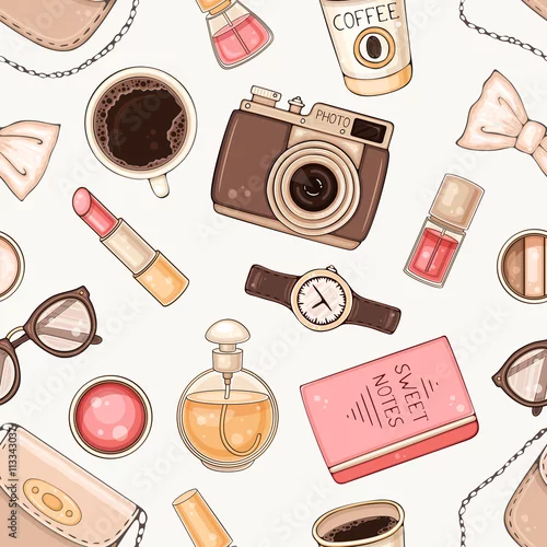 Tapety Fasonuje bezszwowego wzór z kobiet akcesoriami i kosmetykami