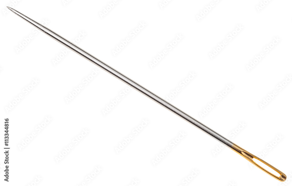 steel sewing needle with golden needle's eye - obrazy, fototapety, plakaty 