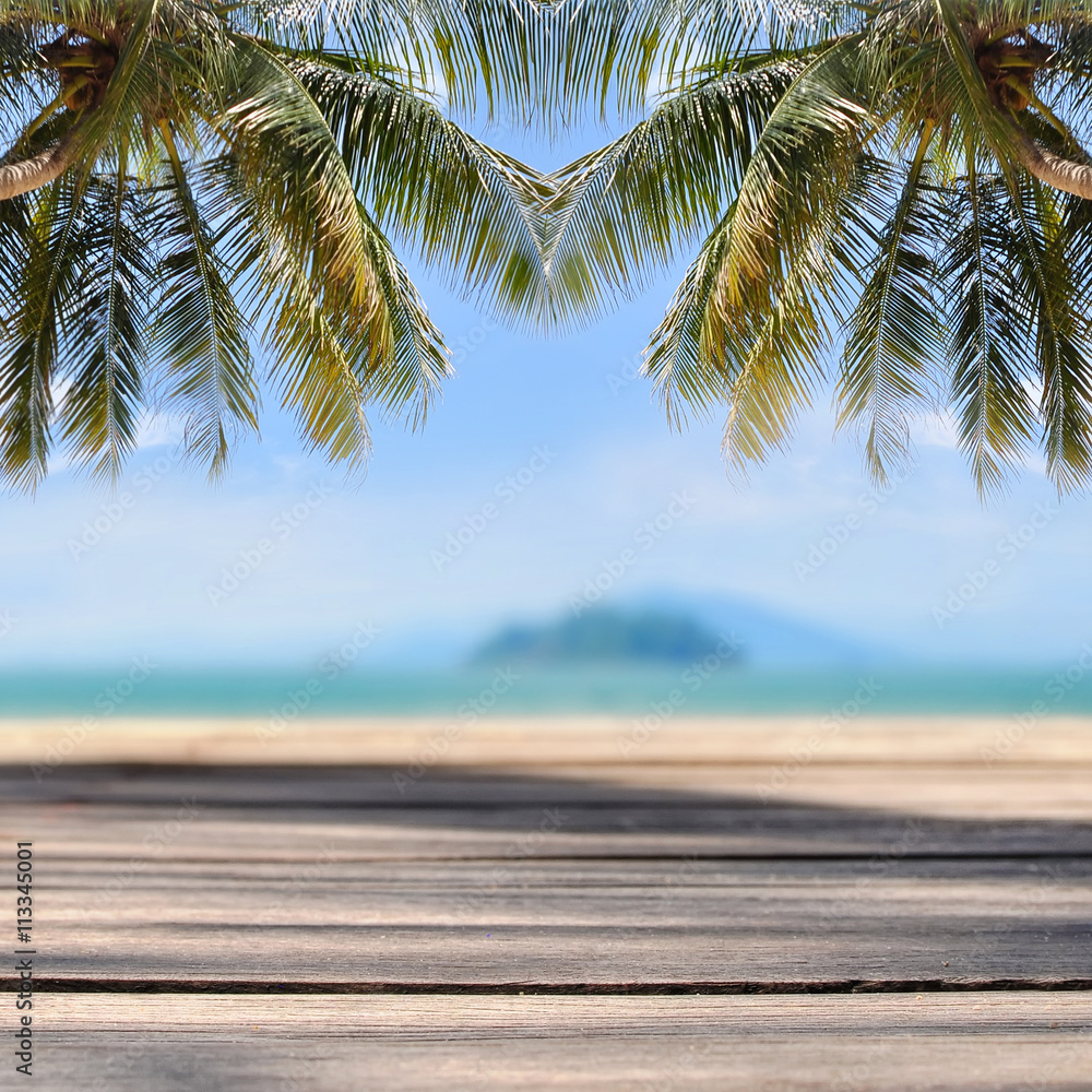 Coconut palm tree with plank on tropical beach background, happy summer holiday concept and display products idea Coconut palm tree with plank on tropical beach background, happy summer holiday concept and display products idea