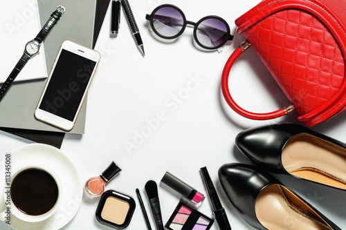 Overhead view of essential beauty items, Top view of cosmetics a