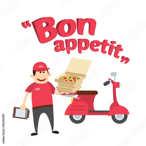 delivery man with pizza in box and scooter isolated on white background