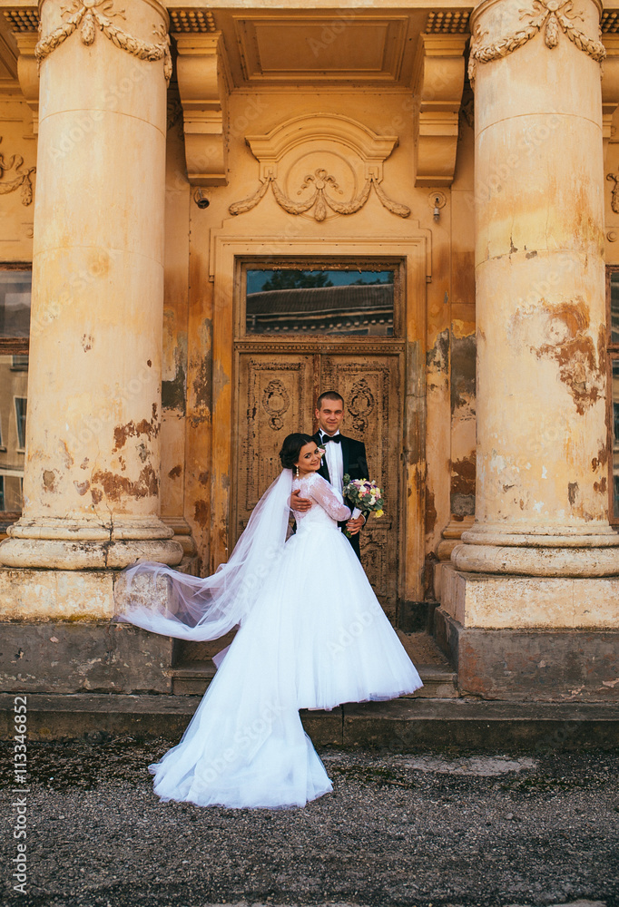 Romantic elegant newlywed couple posing near baroque column castle
