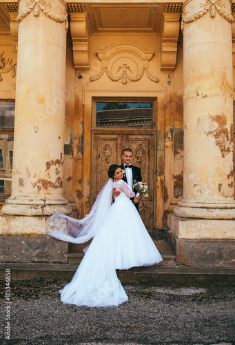 Romantic elegant newlywed couple posing near baroque column castle