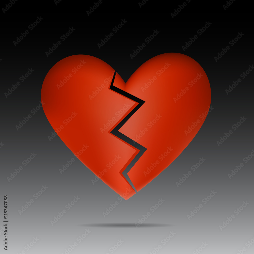 Broken heart with shadow on dark background. Spatial red heart with crackin the middle Broken heart with shadow on dark background. Spatial red heart with crackin the middle