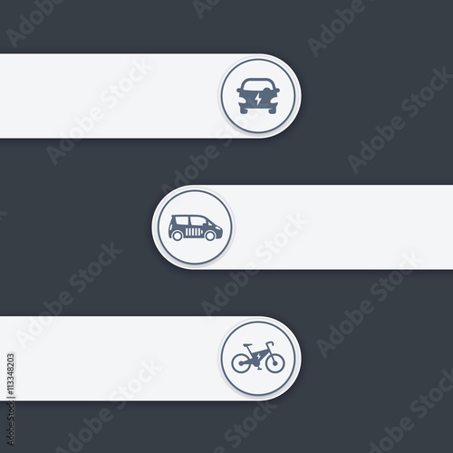 electric car, bike icon, EV, car with battery, ecologic electric transport icons on labels, vector illustration