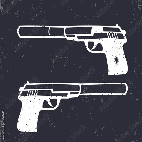 hand drawn pistol with silencer, gun, white on dark, vector illustration