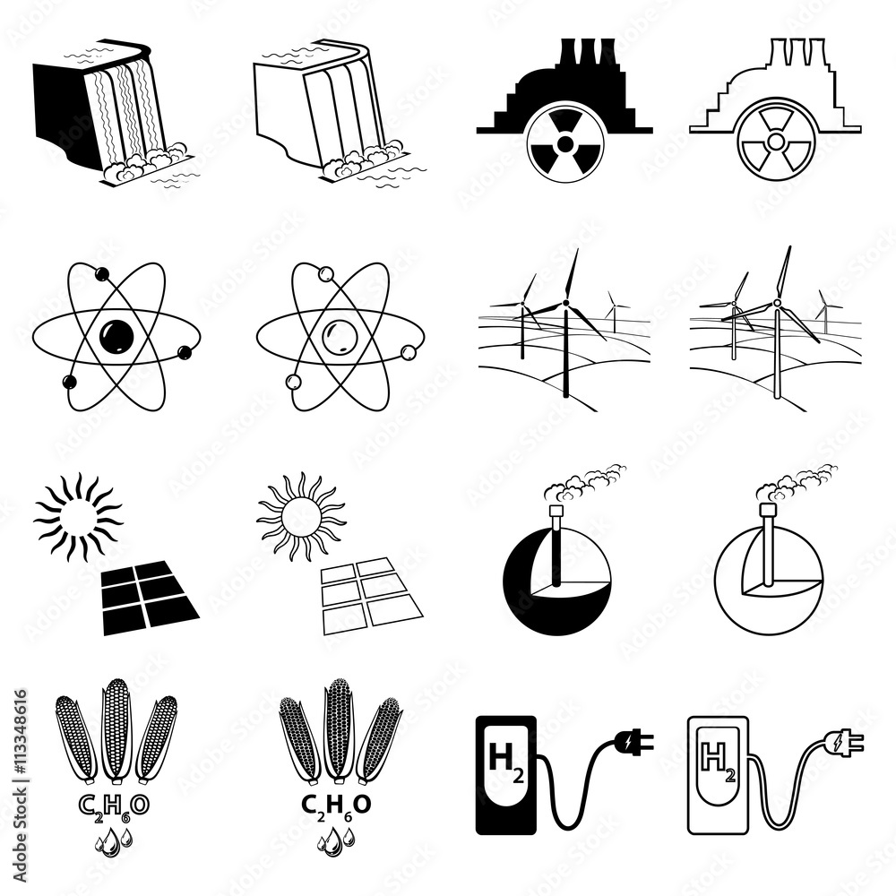 Set of icons representing alternative and renewable energy. Hydro, nuclear, wind, solar and geothermal power. Corn ethanol as biofuel. Hydrogen as means of delivering energy.