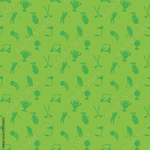 seamless pattern with golf icons, green seamless background, golf cart, clubs, ball, golfer, golf bag, vector illustration