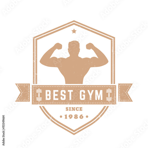 Best gym vintage logo, badge with posing athlete on shield shape, isolated on white, vector illustration