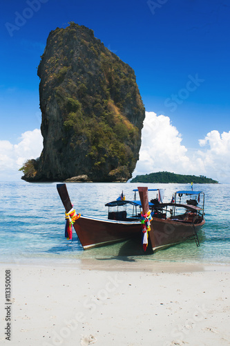 Thai traditional boats on Railay Beach  Krabi province  Thailand