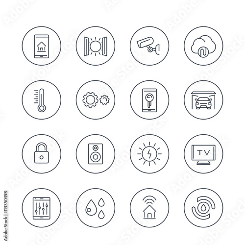 smart house technology system line icons in circles, home automation control system, smart house pictogram, vector illustration