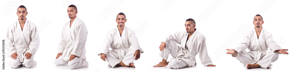 Collage of karate player in kimono isolated on white Collage of karate player in kimono isolated on white