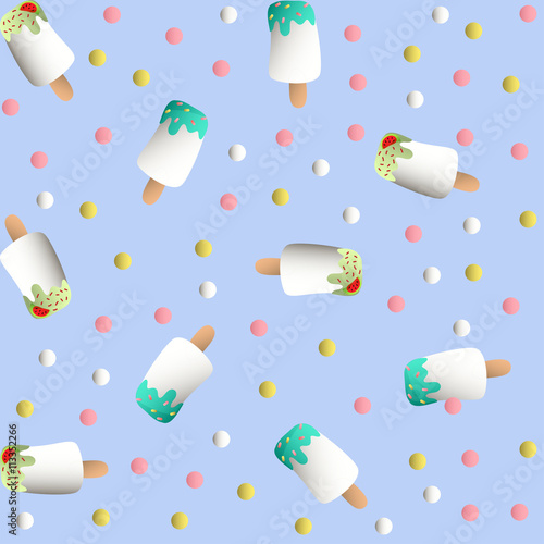 Seamless pattern with ice lolly and colorful round candy, on a light blue monochromatic background