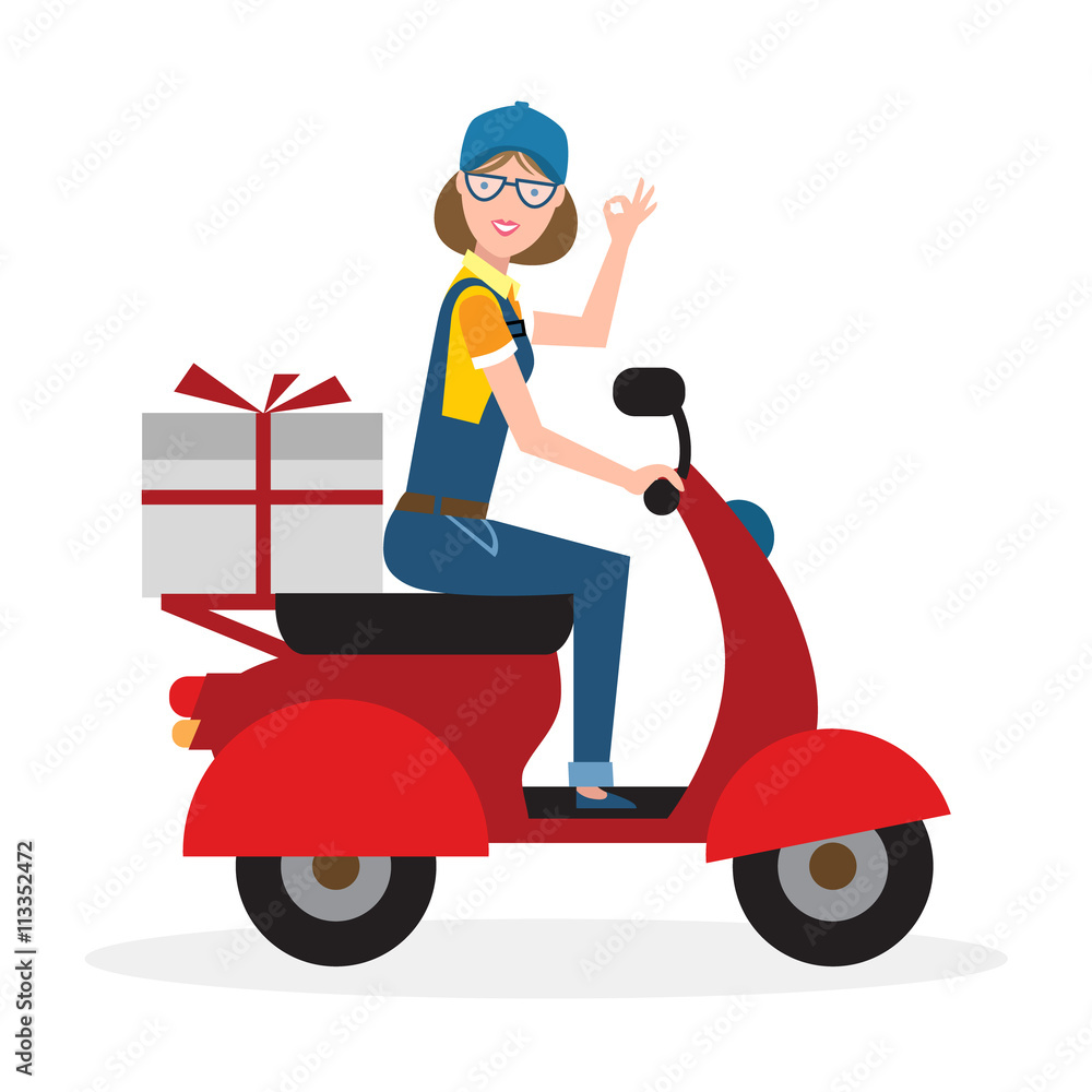 Delivery woman on scooter. Fast transportation. Isolated cartoon