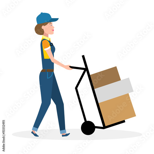 Delivery woman with parcel on truck, trolley. Fast transportation. Isolated cartoon character on white background. Postwoman, courier with package on trolley.