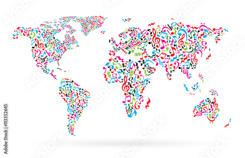 World map from colorful musical notes on white background. Different colors notes pattern. Map shape. Poster idea.
