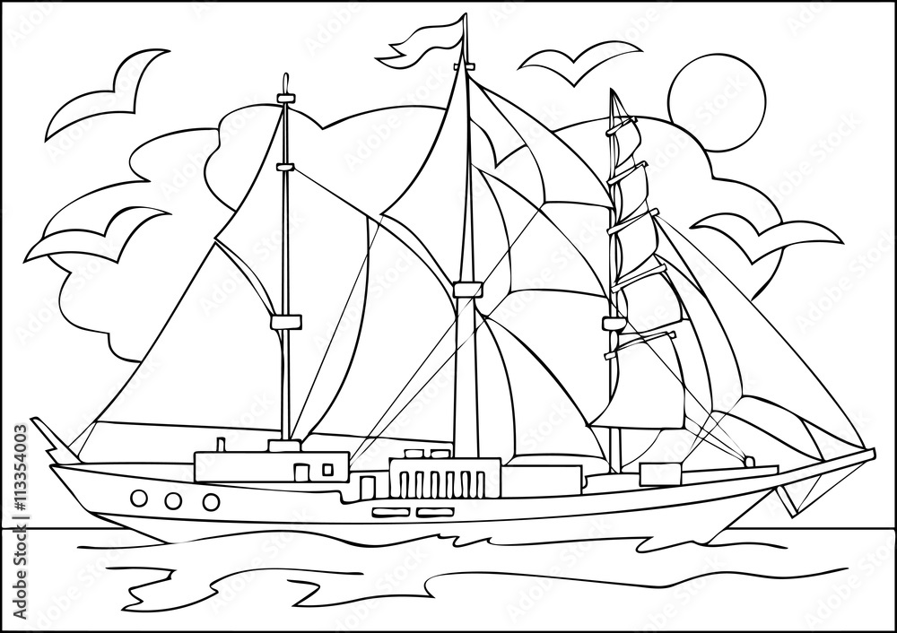 Pirate ship step-by-step drawing kids illustration Stock Illustration |  Adobe Stock