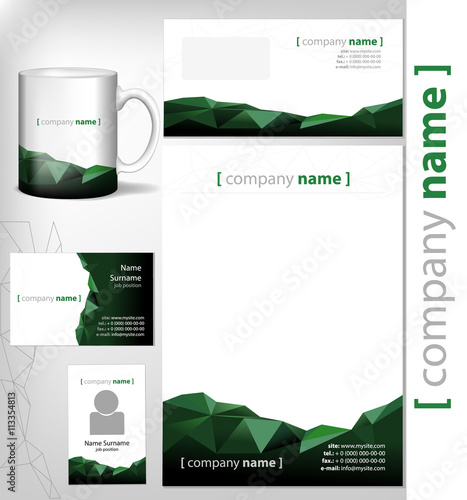 corporate identity template document page, business card, realistic cup, leaflet. Vector illustration paper head abstract rocky dark green design
