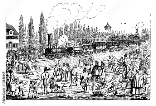 People wave at steam train passage at the inauguration of Nuernberg-Fuerth dicember 1835 photo
