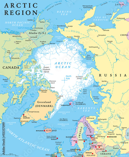 Foto Arctic region political map with countries, capitals, national borders, important cities, rivers and lakes
