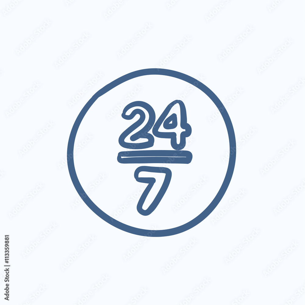Open 24 hours and 7 days in wheek sketch icon. Open 24 hours and 7 days in wheek sketch icon.
