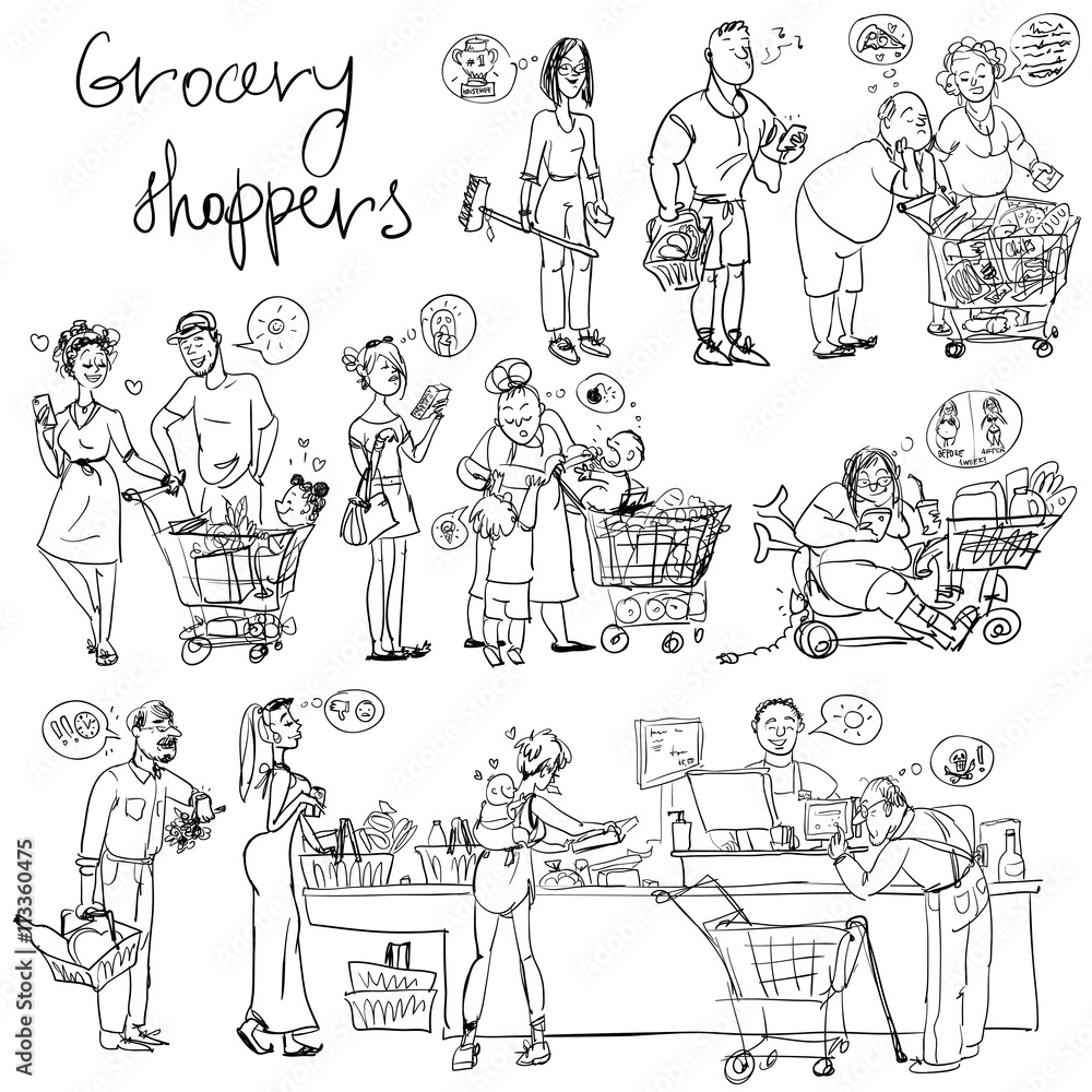 Set of grocery shoppers, hand sketching