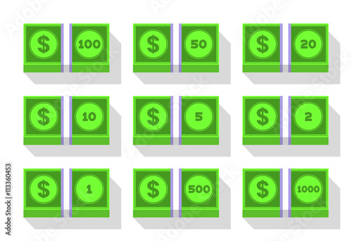Money icon set. Flat dollar stack icons. Different denominations of bills. 1, 2, 5, 10, 20, 50, 100, 500, 1000 bills stack. Isolated in white