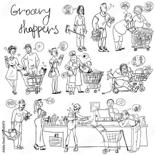 Set of grocery shoppers, hand sketching