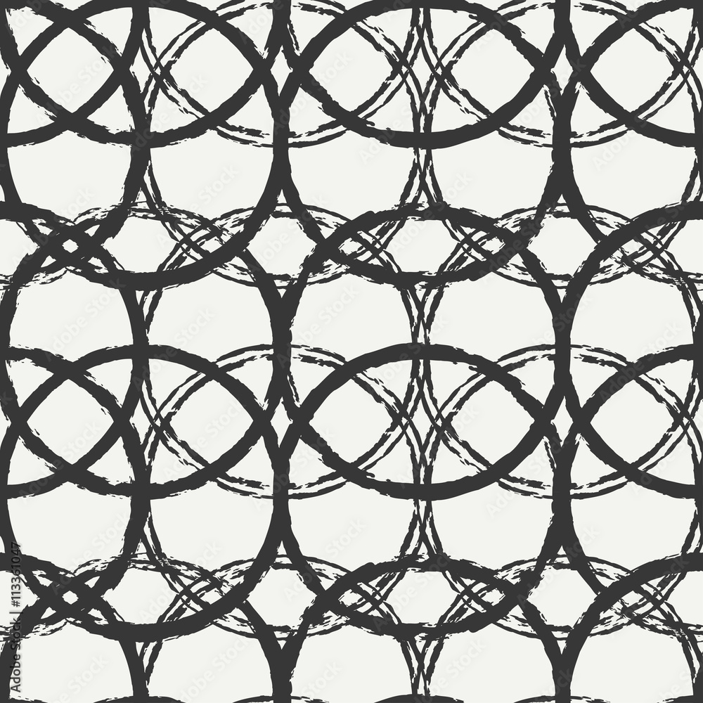 Naklejka premium Hand drawn seamless pattern with black grunge rings, circle. Wrapping paper. Abstract vector background. Brush strokes. Casual texture. Doodle. Dry brush. Rough edges ink illustration. Crossing rings.