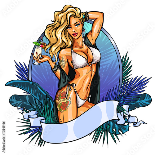 Party girl in bikini with cocktail. Label.