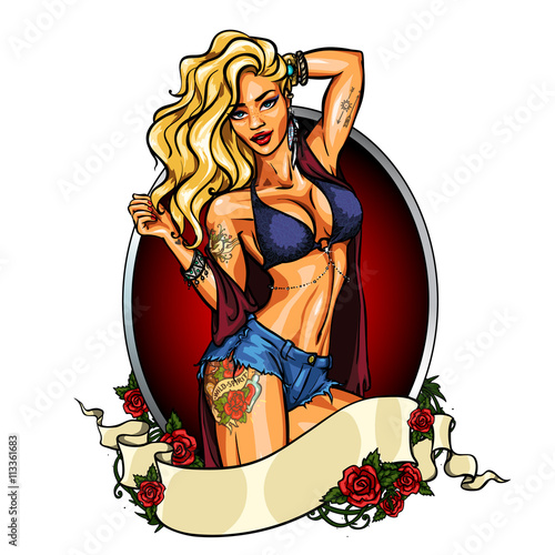 Party girl in bikini. Label with ribbon banner.