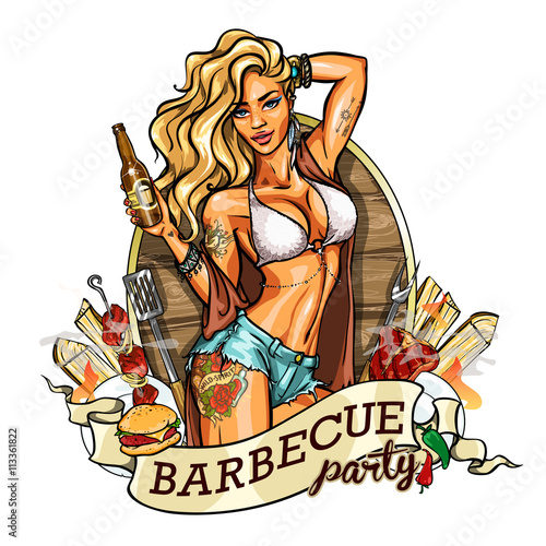 Party girl in bikini with beer bottle. Label.