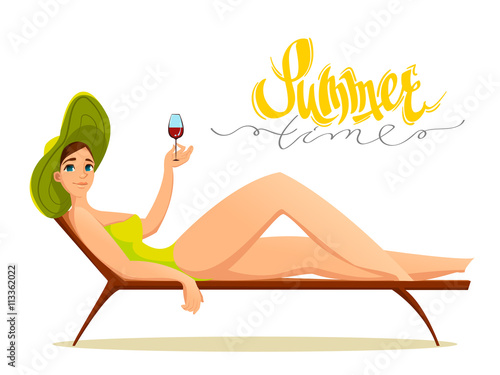 Summertime. Girl in swimsuit. Summer lettering, Summer theme photo