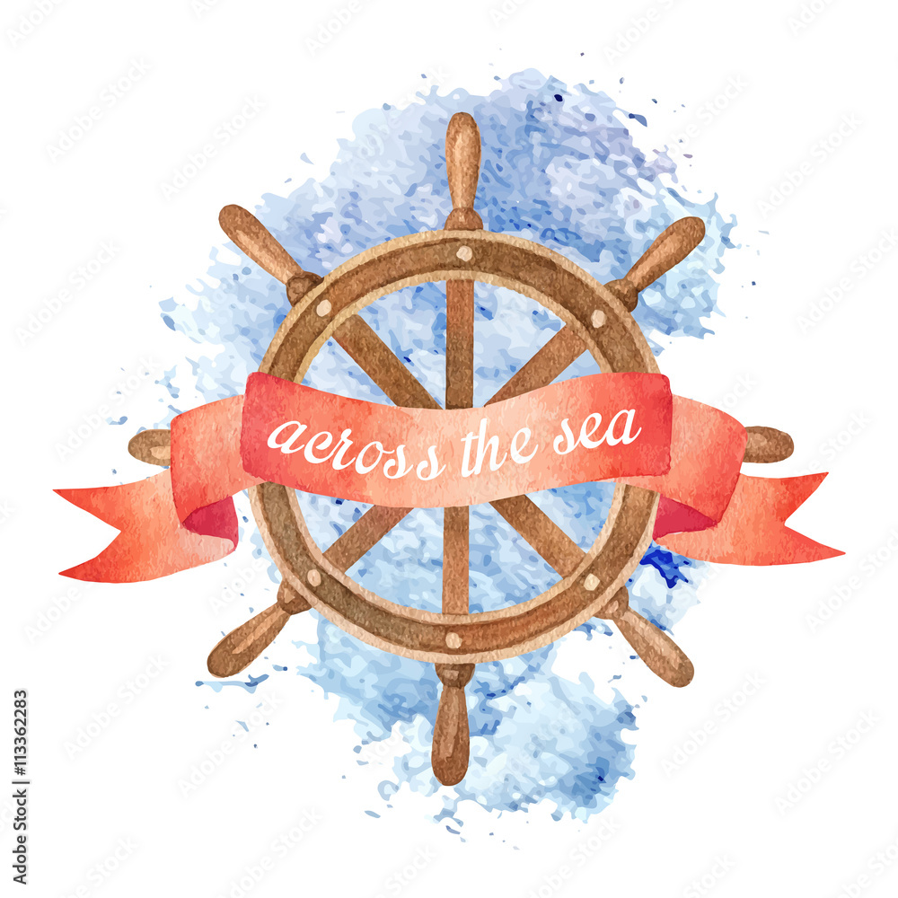 Fototapeta premium Nautical watercolor background with steering wheel