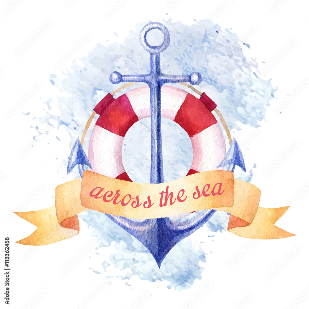 Fototapeta premium Nautical summer watercolor background with anchor