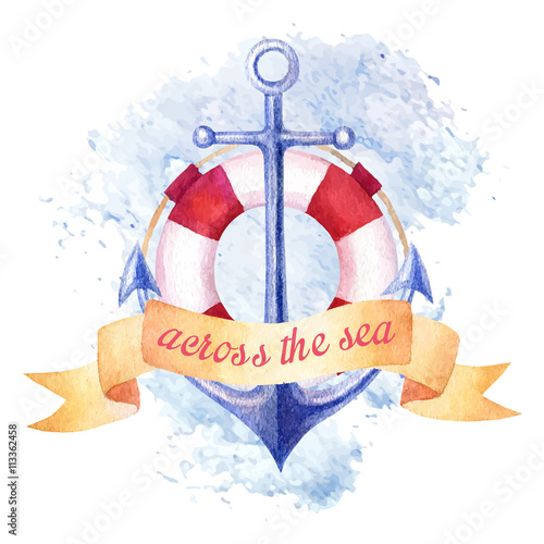Nautical summer watercolor background with anchor