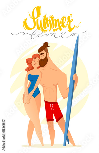 Summertime. Surfer with his girlfriend. Summer lettering. Summer theme