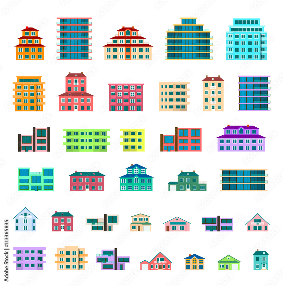 35 detailed colorful residential houses collection. Home exterior set. Real estate house residential apartment icons. Flat design vector concept illustration. Isolated on a white background