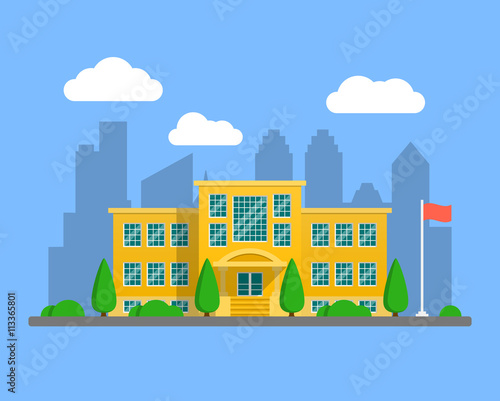 Back to school illustration. Flat modern school building for background to school banner and poster design. Buildings for city construction. Infographics element  town or city landscape element