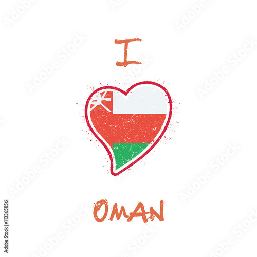 Omani flag patriotic t-shirt design. Heart shaped national flag Oman on white background. Vector illustration.