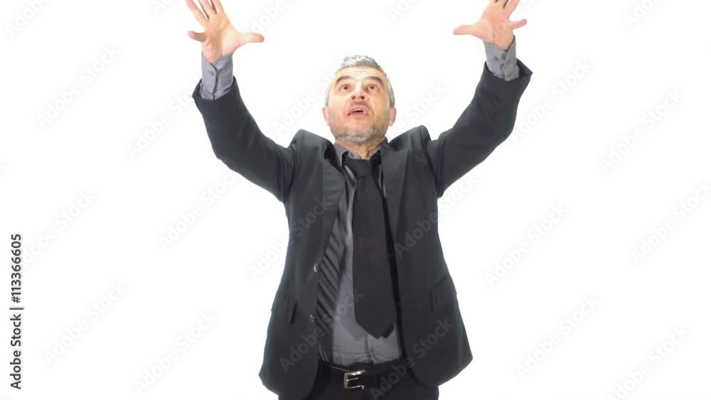 Money falling from air on happy exicited businessman white background slow motion Money falling from air on happy exicited businessman white background slow motion