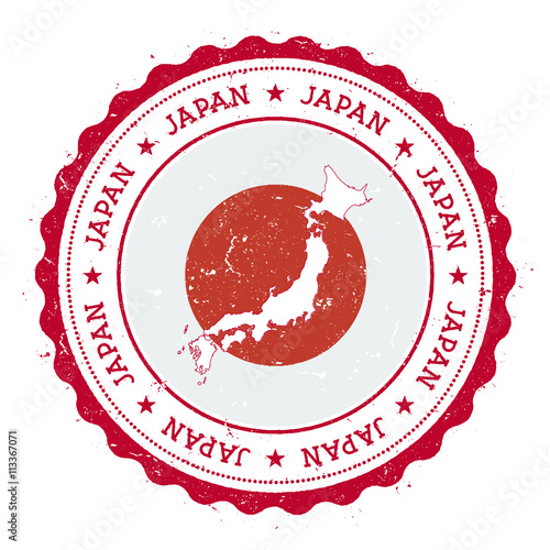 Japan map and flag in vintage rubber stamp of state colours. Grungy travel stamp with map and flag of Japan. Country map and flag vector illustration.